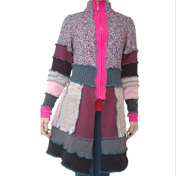 Vintage Knit Patchwork Cardigan Sweater Pink Red Gray Small - Picture 4 of 5